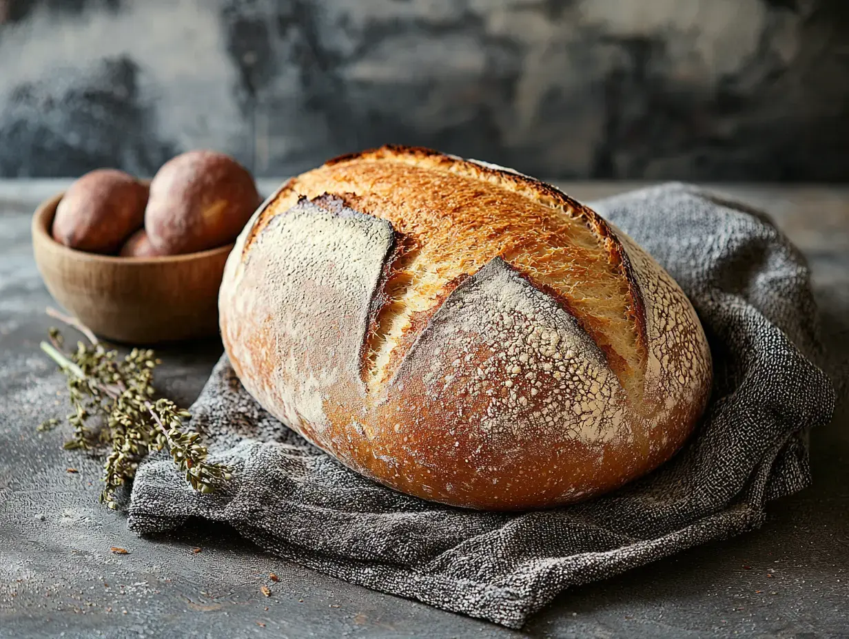 Un pain tout juste sorti du four posé sur un torchon, avec un bol de pommes de terre et des herbes séchées.