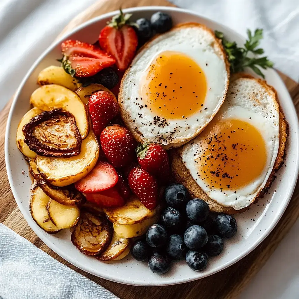 Une assiette de petit déjeuner avec deux œufs au plat sur du pain grillé, accompagnés de pommes de terre sautées, fraises et myrtilles.