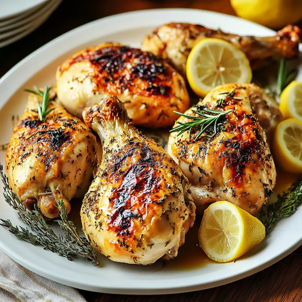 Une assiette de morceaux de poulet rôti garnie de tranches de citron et d'herbes.