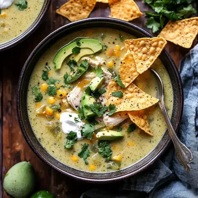 Un bol de soupe épaisse avec du poulet, de l'avocat, du maïs et des chips de tortilla, garni de coriandre et de crème.