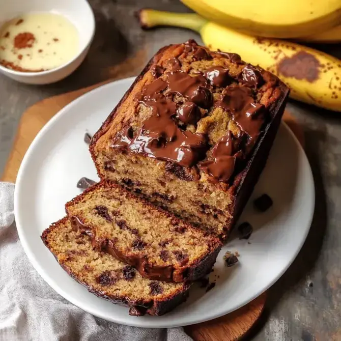 Un cake aux bananes et chocolat, tranché, est présenté sur une assiette avec une banane et une petite coupelle de sauce à côté.