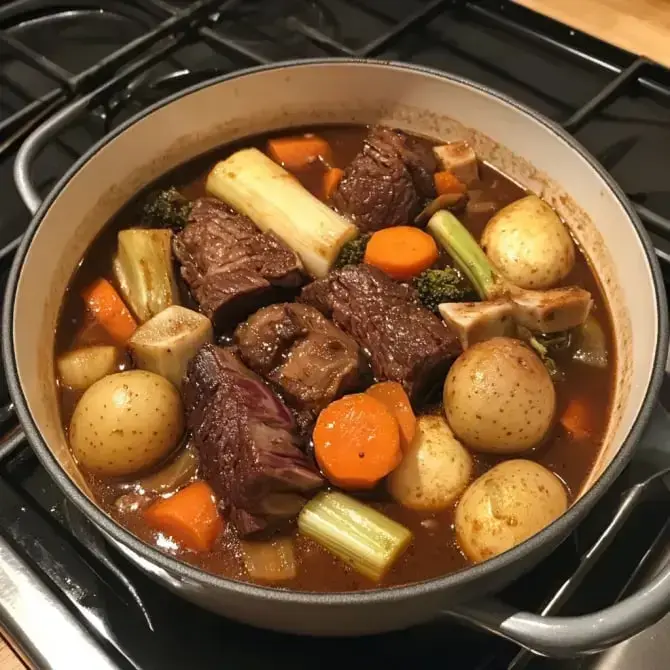 Un pot de ragoût contenant des morceaux de viande, des pommes de terre, des carottes, du céleri et d'autres légumes dans un bouillon.