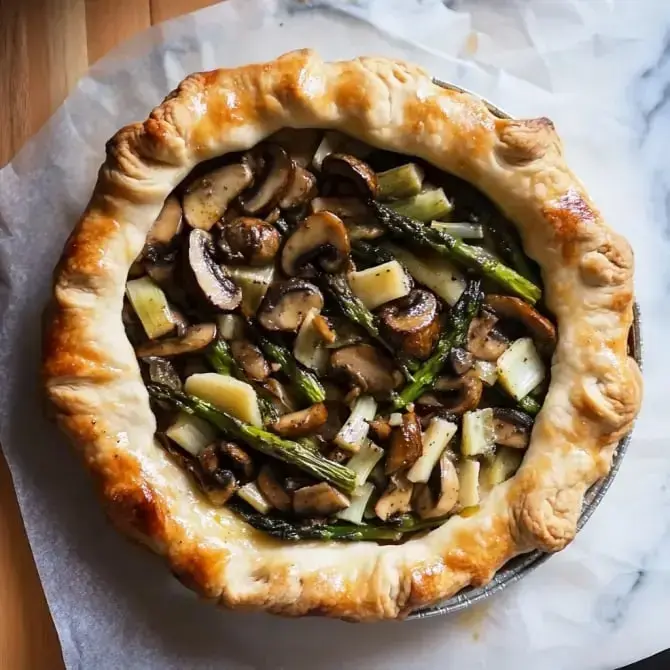 Tarte garnie de champignons, d'asperges et de céleri, avec une croûte dorée.