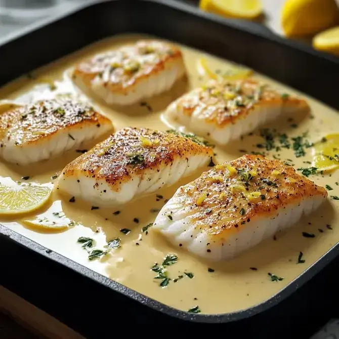 Filets de poisson dorés dans une sauce crémeuse avec des tranches de citron et des herbes.