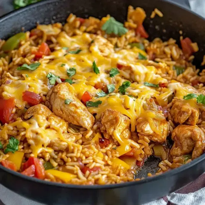 Un plat de riz avec du poulet, des poivrons et du fromage fondu, garni de coriandre fraîche.