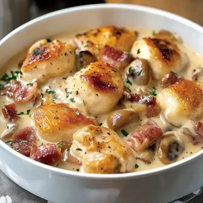 Un plat crémeux de poulet rôti avec des morceaux de bacon et des champignons, garni de persil.