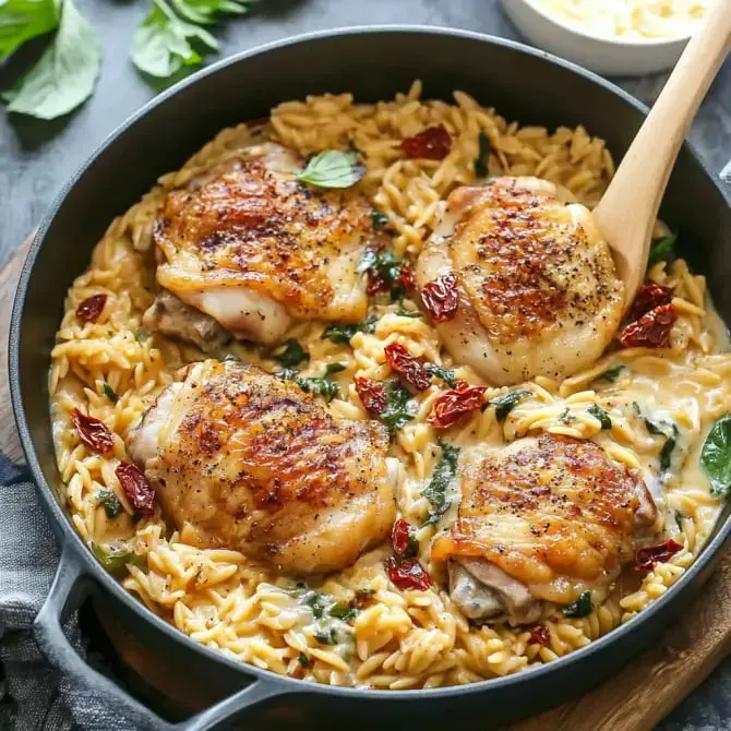 Un plat de poulet rôti avec des pâtes orzo, des épinards et des tomates séchées, servi dans une poêle en fonte.