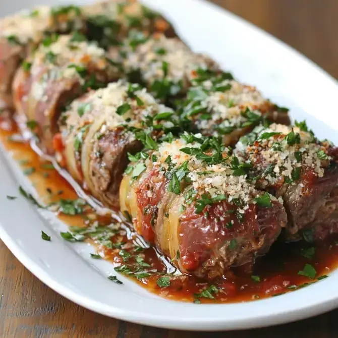 Un plat de viande enroulée, garni de sauce tomate, de chapelure et de persil frais.