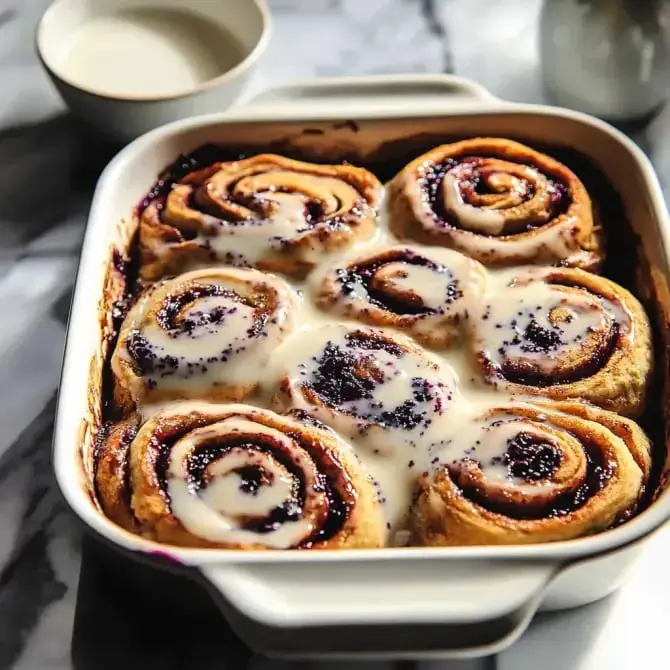 Des roulés à la cannelle garnis de confiture et nappés de glaçage crémeux, présentés dans un plat blanc.