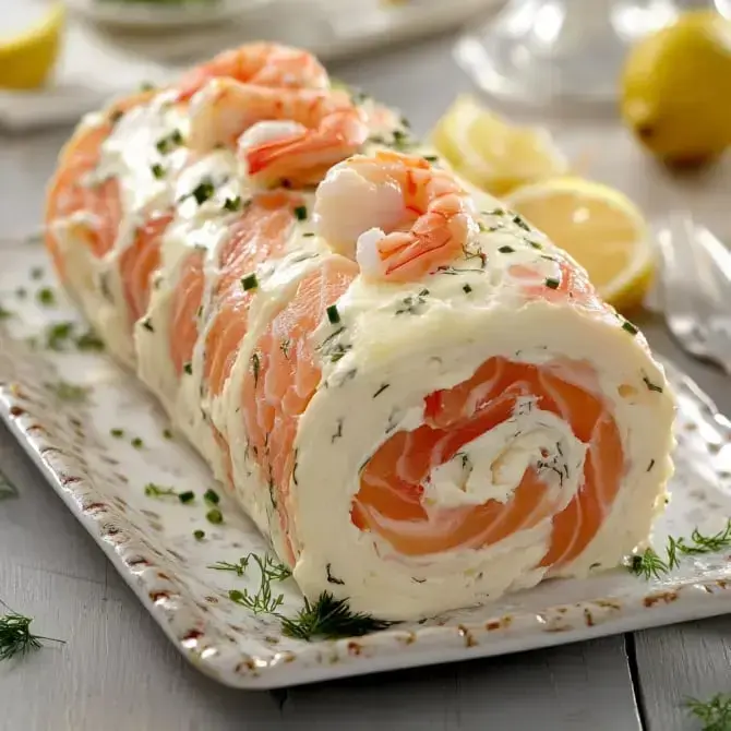 Un rouleau de saumon garni de fromage à la crème, décoré de crevettes et d'herbes fraîches, sur un plat avec des quartiers de citron en arrière-plan.