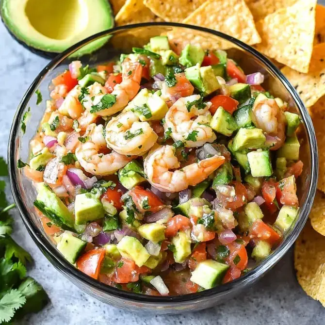 Une salade de crevettes, tomates, avocat et oignons, servie dans un bol avec des chips tortilla à côté.