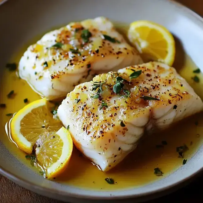 Filets de poisson cuisinés, garnis de citron et d'herbes dans une assiette.