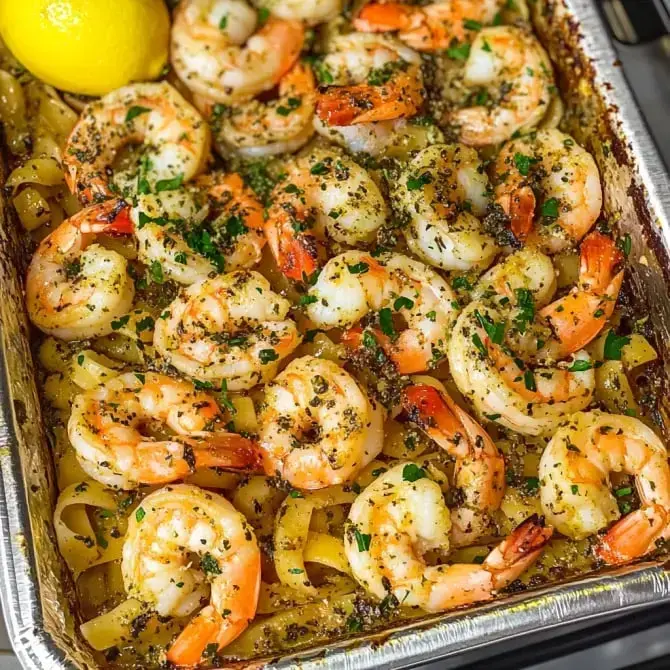 Crevettes grillées assaisonnées avec des herbes et servies sur des pâtes dans un plat métallique, avec un citron en garniture.