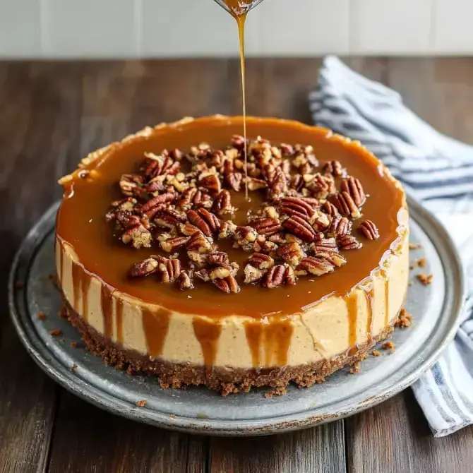 Un cheesecake au caramel et aux noix de pécan, avec un coulis de caramel qui s'écoule sur le dessus.