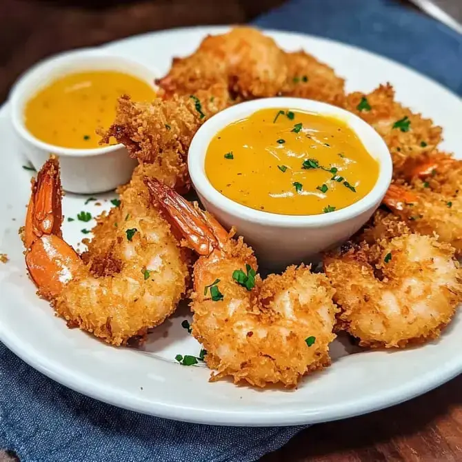 Des crevettes panées croustillantes accompagnées de deux sauces dans des petits bols.