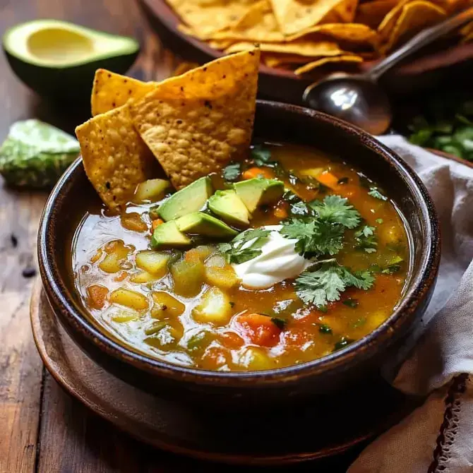 Bol de soupe colorée avec des morceaux de légumes, de l'avocat, de la coriandre et des nachos croustillants à côté.