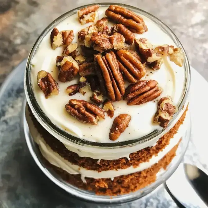 Un dessert en verrine composé de couches de gâteau et de crème, garni de noix de pécan grillées.