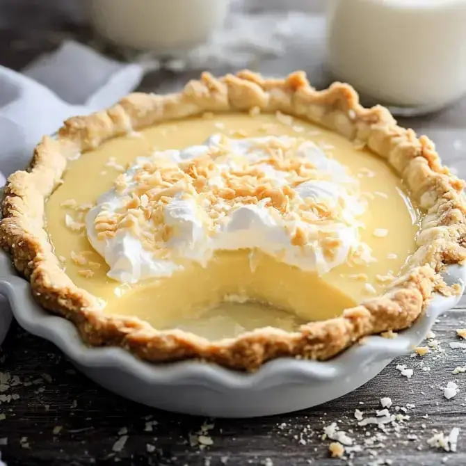 Une tarte au citron garnie de crème chantilly et de noix de coco râpée, avec une part découpée.