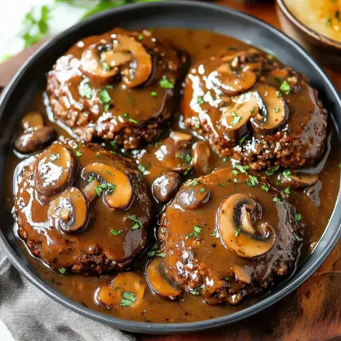 Des galettes de viande en sauce brune garnies de champignons tranchés, servies dans un plat noir.