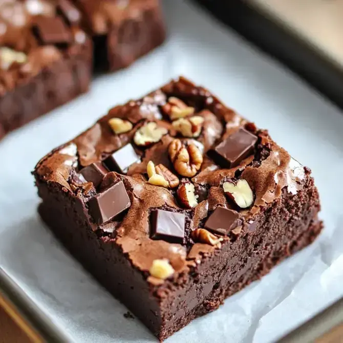 Un carré de brownie au chocolat garni de morceaux de chocolat noir et de noix, posé sur du papier sulfurisé.