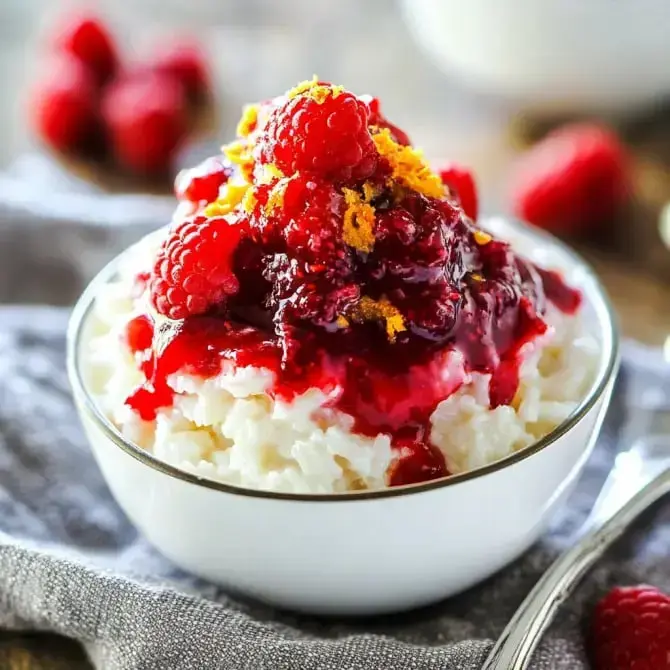 Un bol de riz au lait garni de framboises, de coulis de fruits rouges et de zestes d'agrumes.