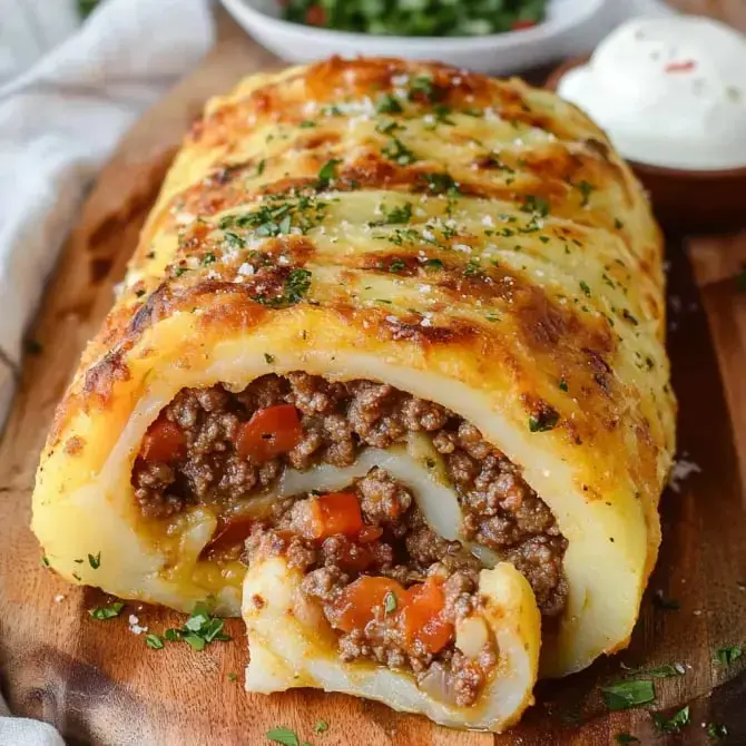 Un rôti de pommes de terre farci de viande hachée et de légumes, servi avec une sauce à côté.