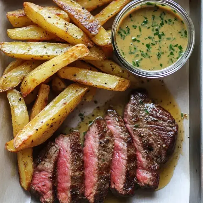 Un plat de steak juteux accompagné de frites dorées et d'une sauce crémeuse aux herbes.