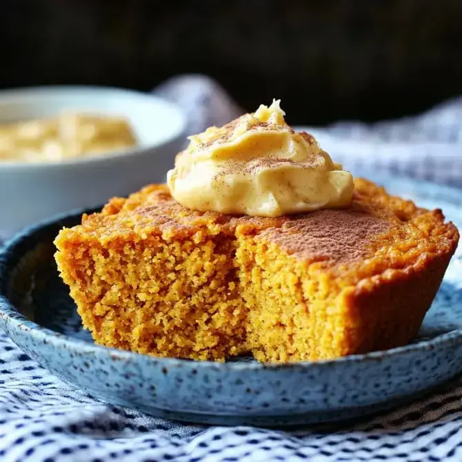 Un morceau de gâteau à la citrouille avec de la crème sur le dessus, présenté sur une assiette bleue, avec un bol de crème en arrière-plan.