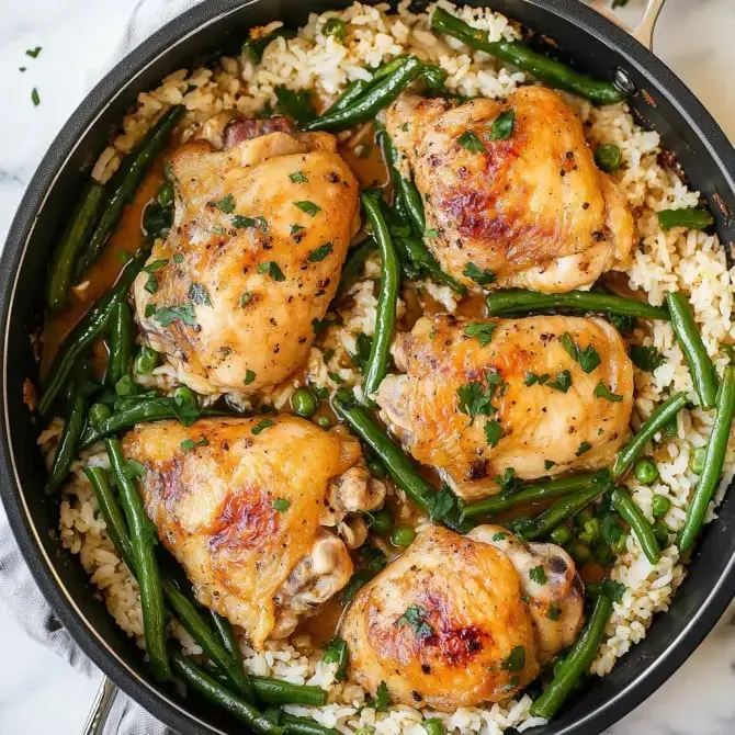 Un plat de poulet rôti avec des haricots verts, des petits pois et du riz, garni de persil dans une poêle.