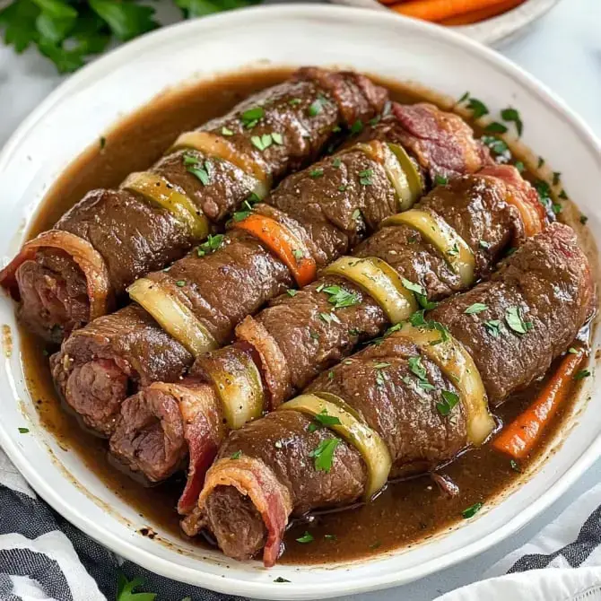 Des roulés de viande de bœuf enrobés de lard, garnis de carottes et d'herbes, présentent une sauce brune dans un plat.