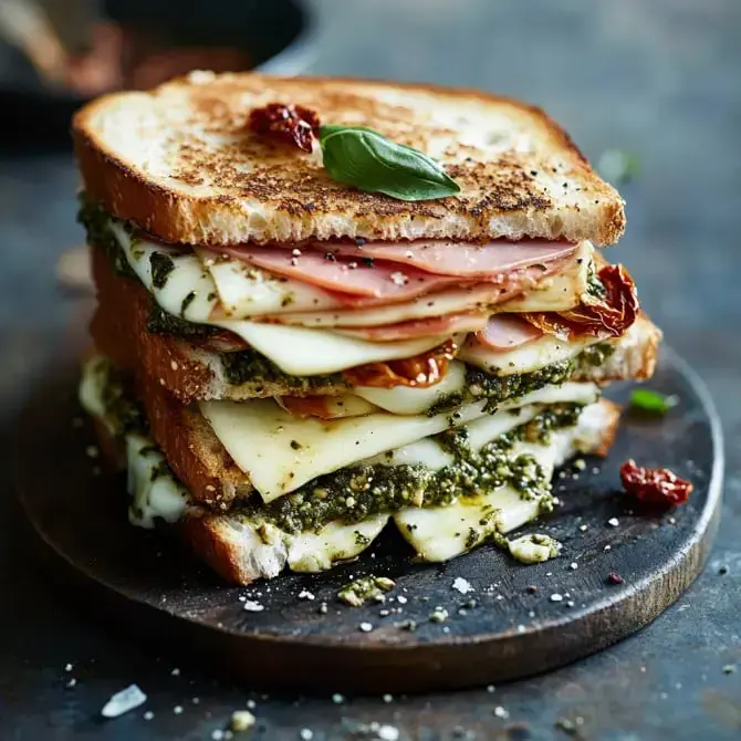 Un sandwich chaud et superposé avec du pain doré, du pesto, du fromage et du jambon.