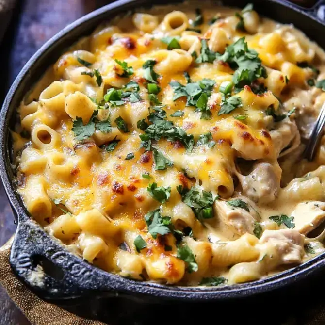 Un plat de pâtes crémeuses au poulet, recouvert de fromage fondu et parsemé de coriandre, servi dans une poêle en fonte.