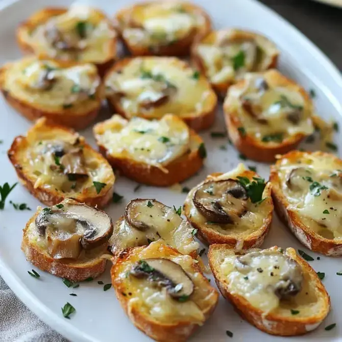 Des tranches de pain grillé garnies de fromage, de champignons et de persil, disposées sur un plat blanc.