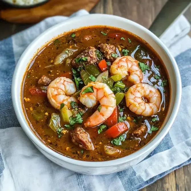 Un bol de soupe épicée avec des crevettes, de la viande, des légumes variés et des herbes fraîches.