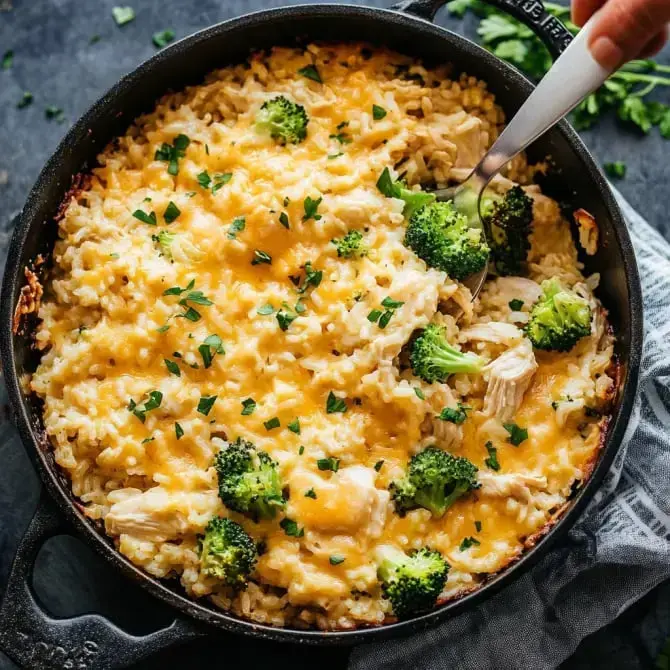 Un plat de riz crémeux au poulet et brocoli, garni de fromage fondant et de persil frais.