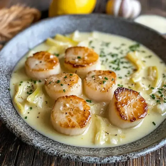 Un plat de noix de Saint-Jacques dorées servi dans une sauce crémeuse avec des morceaux de poireaux.