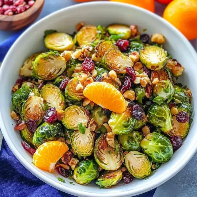 Une salade de choux de Bruxelles rôtis mélangés avec des noix, des canneberges et des quartiers de clémentine.