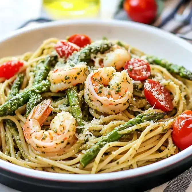 Pâtes aux crevettes, asperges et tomates cerises, servies avec une sauce au pesto et du fromage râpé.