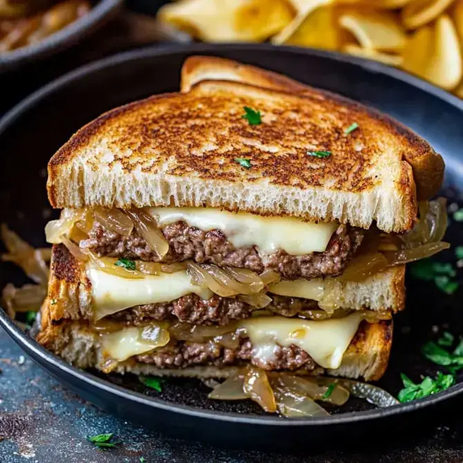 Un sandwich grillé avec de la viande hachée, du fromage fondant et des oignons caramélisés, servi dans une assiette noire.