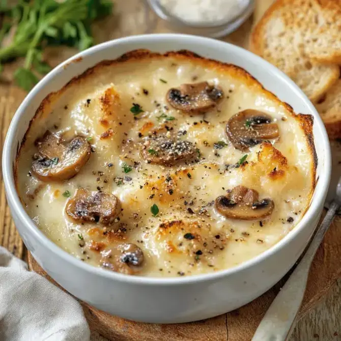 Un plat de gratin crémeux aux champignons, garni de pain doré et assaisonné de poivre, servi dans un bol blanc.