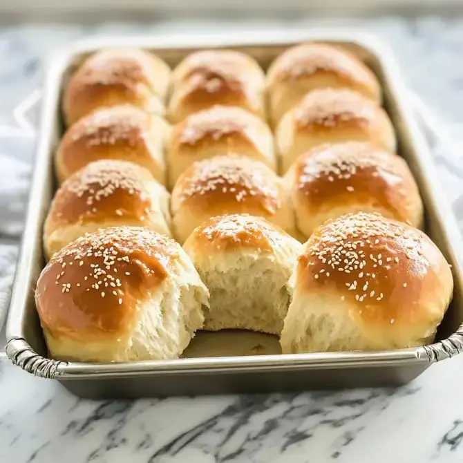 Une plaque de petits pains dorés, saupoudrés de sésame, avec l'un d'eux coupé en deux.