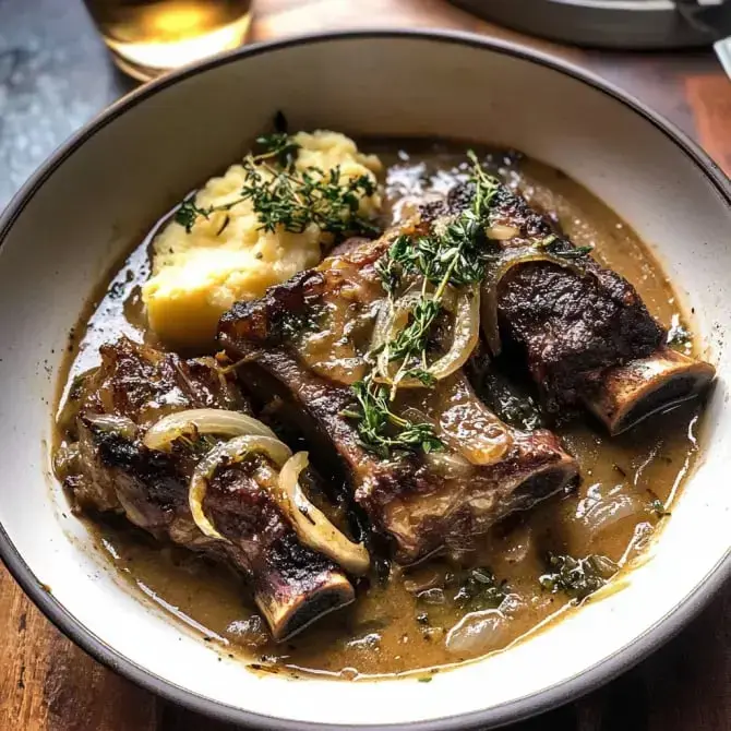 Un plat de côtes de bœuf braisées servi avec de la purée de pommes de terre, des oignons et des herbes.