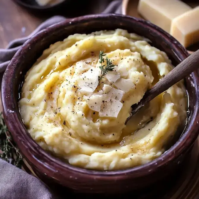 Un bol en terre cuite contient de la purée de pommes de terre garnie de copeaux de fromage, d'huile d'olive et d'herbes.