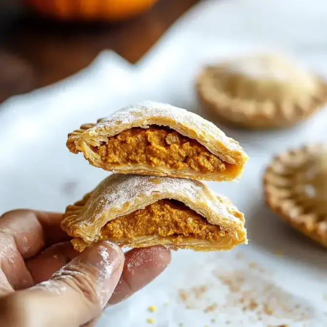 Deux pâtisseries fourrées à la citrouille, saupoudrées de sucre, tenues dans une main.