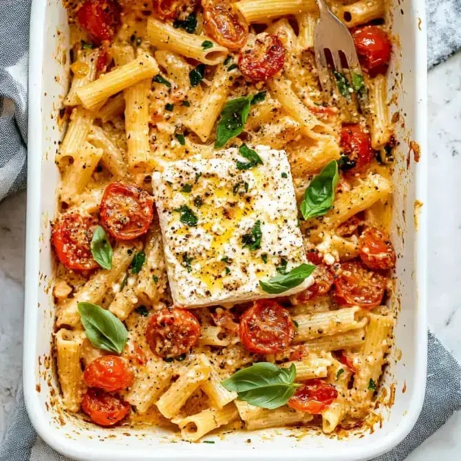 Un plat de pâtes avec des tomates rôties, du fromage feta et du basilic frais, dans un plat de cuisson.