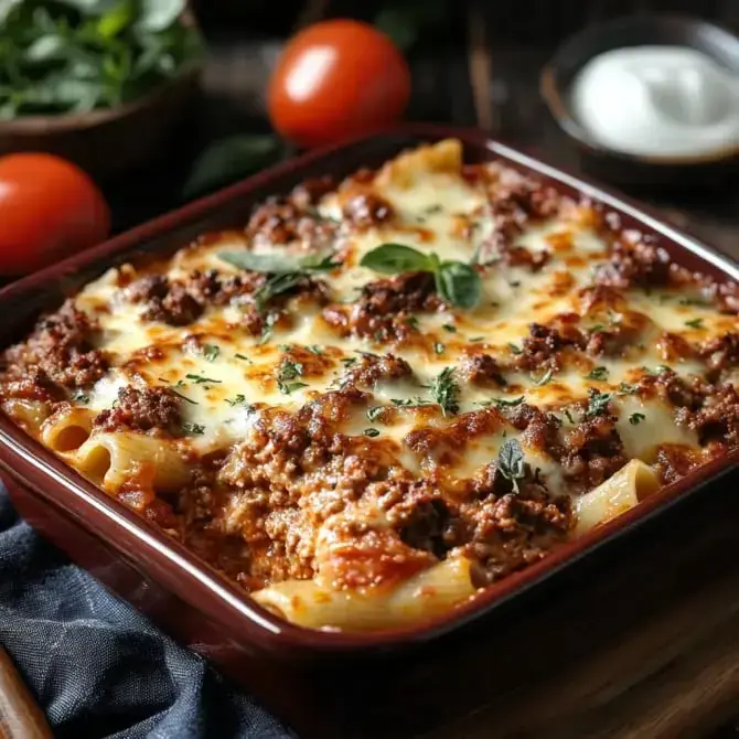 Un plat de lasagne au bœuf, richement garni de fromage fondu et d'herbes fraîches, servi dans un plat en céramique.