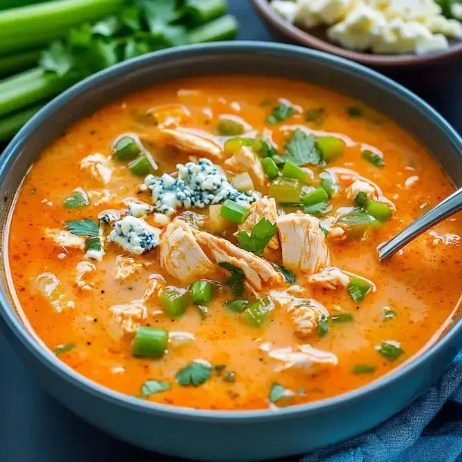 Un bol de soupe à base de poulet avec des morceaux de céleri, de la coriandre, des morceaux de fromage bleu et des légumes verts.