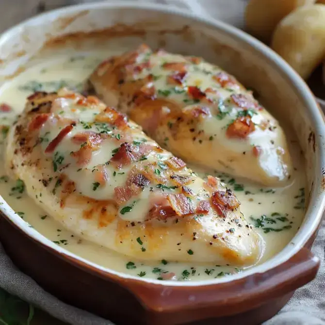 Filets de poulet cuits au four, garnis de sauce crémeuse, de bacon croustillant et de persil, dans un plat en terre cuite.