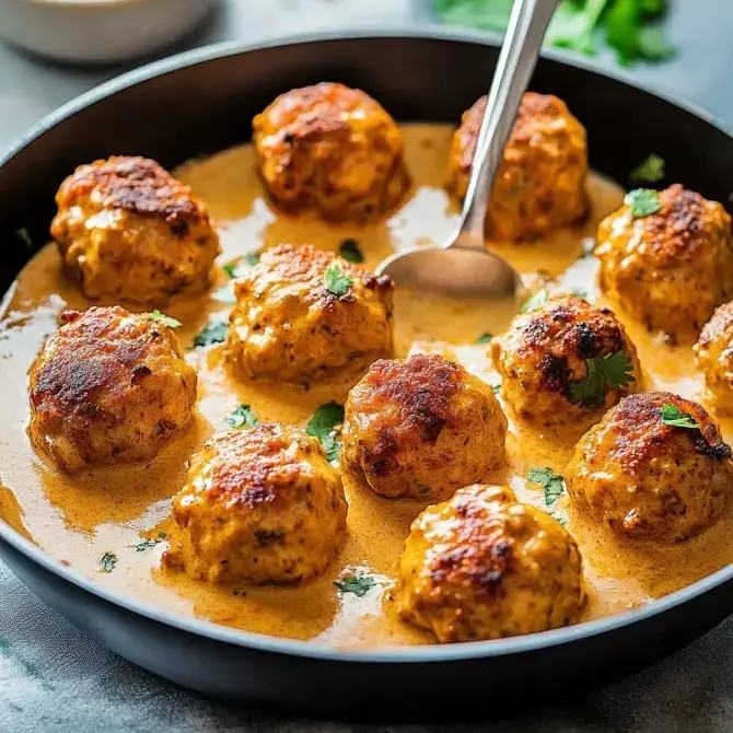 Boulettes de viande dorées dans une sauce crémeuse, garnies de coriandre, servies dans une poêle.