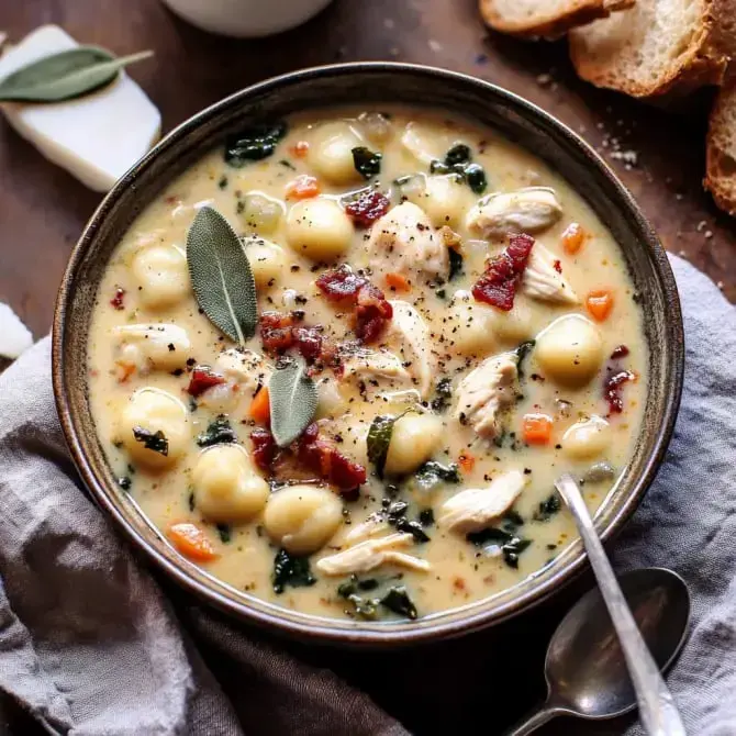 Un bol de soupe crémeuse aux gnocchis, poulet, légumes et morceaux de bacon, servi avec du pain.